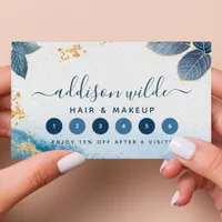 Blue Gold Watercolor Botanical Leaves Abstract Loyalty Card