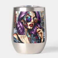 Colorful Abstract Pretty Lady with Purple Hair Thermal Wine Tumbler