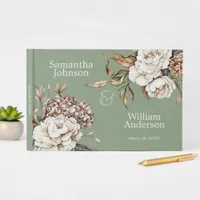 Modern Peony & Hydrangea Olive Green Wedding Guest Book