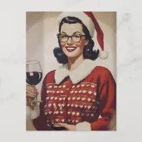 Vintage Woman Christmas Wine Postcard