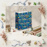 Festive Blue Menorah Party Pattern Medium Gift Bag