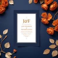 Navy Blue, Burnt Orange and Champagne  Wedding Invitation