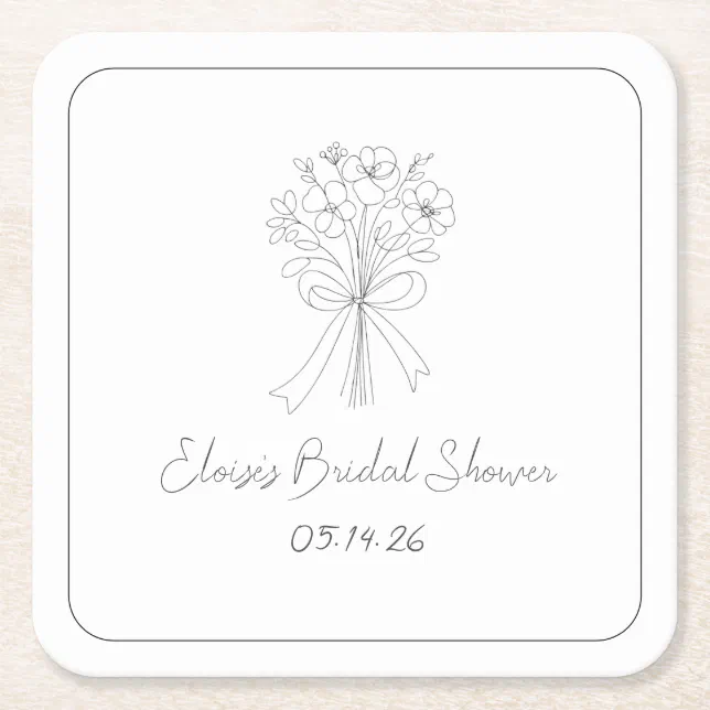 Hand Drawn Simple Flowers and Bow Bridal Shower Square Paper Coaster