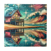 Log Cabin on the Beach Ai Art   Ceramic Tile