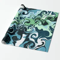 Blue, Green and White swirls Abstract Fluid Art Wrapping Paper