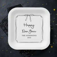 Happy New Year! Personalized Black & White Bow Paper Plates