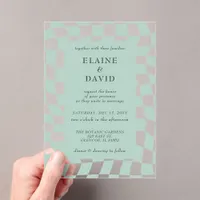 Retro Groovy Green Checkerboard Wedding Acrylic Invitations