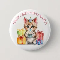 Cute Personalized Kitten in Birthday Hat  Button