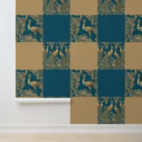 Elegant Peacocks Patterned Blue Faux Gold Stylish Wallpaper