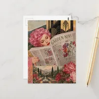 Pink Hair Woman Reads Garden NewspaperMixed Media  Postcard