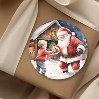 Funny Santa Snowball Fight Nostalgic Christmas Classic Round Sticker