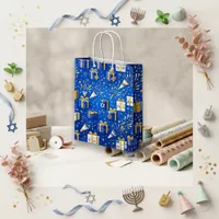 Festive Blue Gold Painted Present Hanukkah Medium Gift Bag