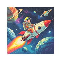 Little Boy on a Rocket Ship Flying through Space Metal Print