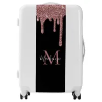 Black Rose Gold Sparkle Glitter Drips Monogram Luggage