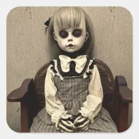 Super Creepy Haunted Old Antique Doll Halloween Square Sticker