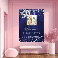 50th birthday navy blue silver stars photo welcome poster