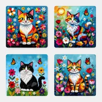 Boho Folk Art Cats, Flowers & Butterflies Coaster Set