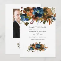 Ginger and Navy Floral Wedding Photo Save The Date