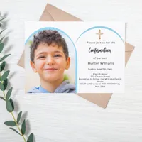 Blue photo arch boy cross Confirmation Invitation