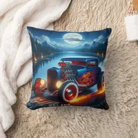 A fiery hot rod racing by a serene moonlit lake throw pillow