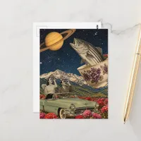 Couple in a Retro Car Teacup Jumping Fish Surreal  Postcard