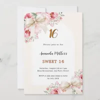 Beige bows pink florals arch luxury Sweet 16 Invitation
