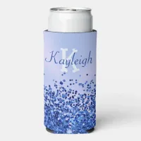 Simple Blue Brushed Metal and Glitter Monogram | Seltzer Can Cooler