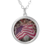 American Flag and Fireworks Silver Plated Necklace