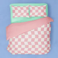 Girly Pastel Pink White Wavy Checkerboard Pattern Duvet Cover