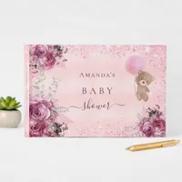 Baby Shower teddy bear girl pink floral balloon Guest Book