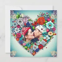 Love | Teal and Red Floral Heart with Couple's Pic