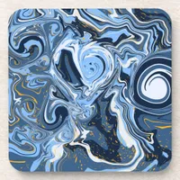 Blue, White and Gold Swirls Fluid Art     Beverage Coaster