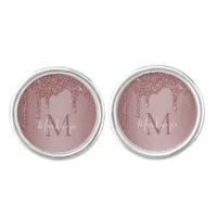 Stylish Rose Gold Sparkle Glitter Drips Monogram Cufflinks