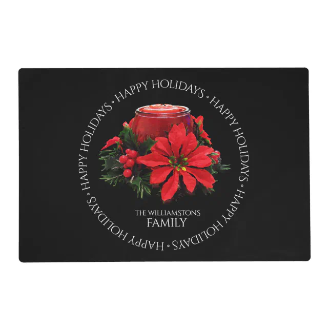 Festive Red Christmas Candle, Holly and Poinsettia Placemat