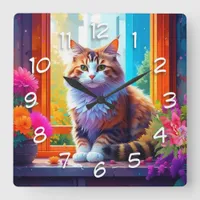 Cute Cat Sitting in City Window Ai Art Square Wall Clock