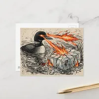 An Angry Loon Melting Ice with Fire Woodcut  Postcard