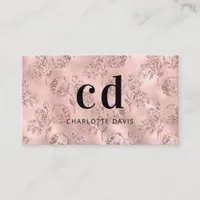 Rose gold floral glitter monogram initials business card