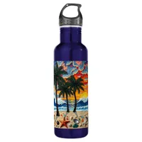 Beautiful Beach Scene with Palm Trees   Stainless Steel Water Bottle