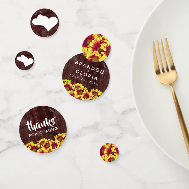Rustic Autumn Sunflowers on Fence Wedding Confetti