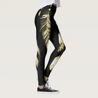 *~* Faux Gold Luxe Feathers & Crystals Chic Trendy Leggings