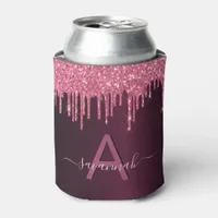 Burgundy pink glitter drips monogram can cooler