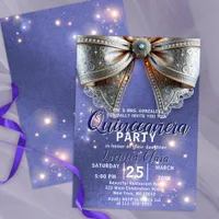 Luxurious Ornate Silver Bow on Purple Quinceañera Invitation