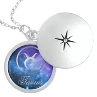 Grey Zodiac Taurus & sign on blue galaxy | Locket Necklace