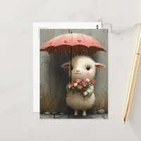 Lamb with Flowers and Umbrella in Rain Postcard