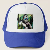 Curious Bigfoot with Sunglasses Hiding in Woods Trucker Hat