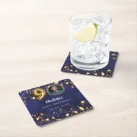 90th birthday navy blue gold stars photo square paper coaster