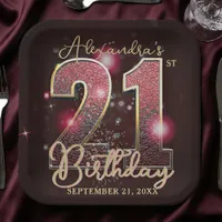 Burgundy Red Gold Faux Sequin 21st Birthday Party Paper Plates