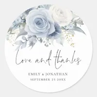 Dusty Blue Florals Love Thanks Wedding Classic Round Sticker