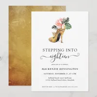 Stepping Into 18 Chic Floral Gold Heels Birthday Invitation