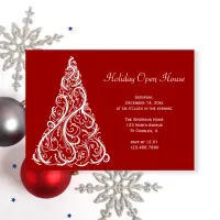 White Christmas Tree on Red Holiday Open House Invitation